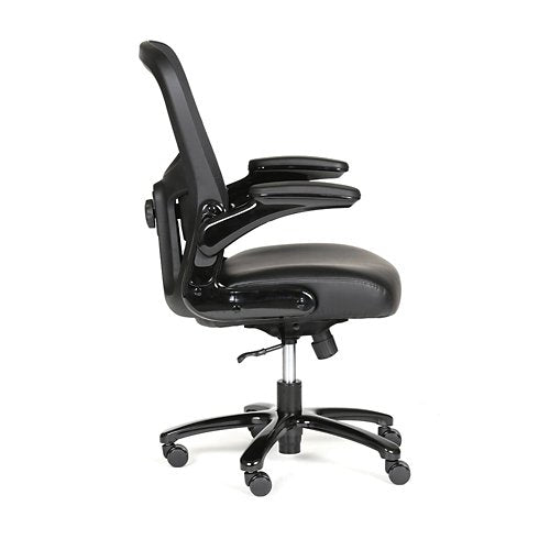 Linear Big and Tall Bonded Leather Seat/Mesh Back Chair with Flip Arms Black Vertical Mesh Back/Black Bonded Leather Seat/Black Base