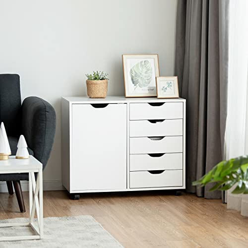 Hallway Entryway Closet Storage Stand 5-Drawer Dresser Chest Mobile Storage Side Cabinet Printer Stand Office White