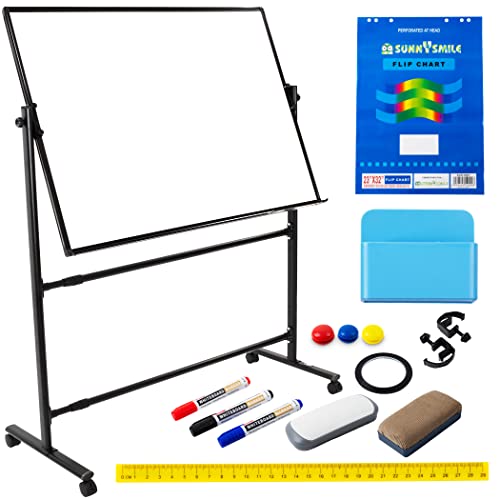 CORAV Mobile Whiteboard 70x36" - Rolling Dry Erase Board with White 360° Flippable, Double Sided Surface - Magnetic Whiteboard with Lockable Wheels - Height-Adjustable Classroom & Office Supplies