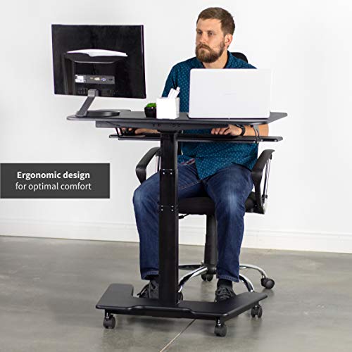 VIVO Black Electric Mobile Height Adjustable 36 inch Dual Platform Standing Desk with Wheels, Rolling Small Space Table, Sit Stand Workstation, DESK-V111VT