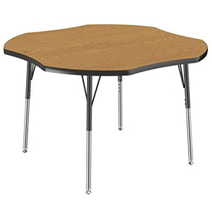 FDP Clover Activity School and Office Table (48 x 48 inch), Standard Legs with Swivel Glides for Collaborative Seating Environments, Adjustable Height 19-30 inches - Oak Top and Black Edge