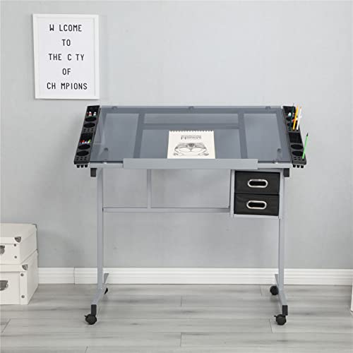 WEALTHGIRL Adjustable Glass Drafting Table for Artists, Tiltable Drawing Desk with Storage Drawers and Wheels