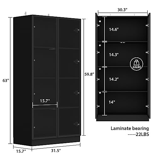 Homsee 4-Tier Bookcase Bookshelf with Glass Doors, LED Lights, Wooden Display Storage Cabinet - Black (31.5”W x 15.7”D x 63”H)