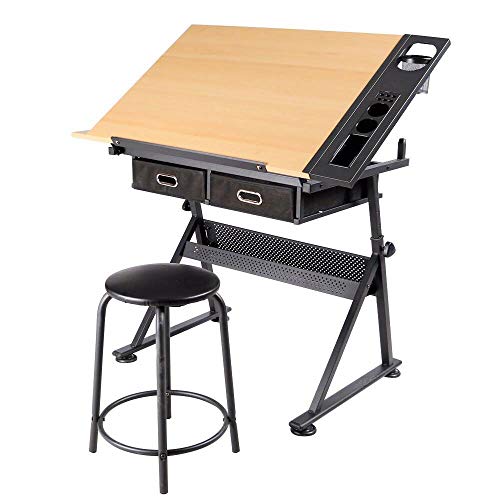 Picotech Adjustable Drafting Desk Durable E1 Grade MDF Sturdy Steel Powder Coating Desktop Adjustable 2 Rulers Extra Metal Groove Lower Shelf Foldable Side Metal Frame for Extra Storage Offices Homes