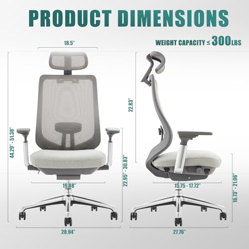 COLAMY Ergonomic Mesh Office Chair with Adjustable Headrest and 4D Arms, Slide Seat, Tilt Lock-Light Grey