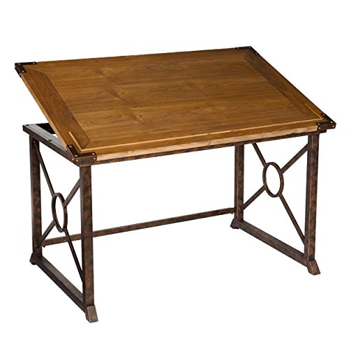 Southern Enterprises Knightley Tilt Top Drafting Table - 51.5" Wide - Oak Wood Finish w/Antique Brass