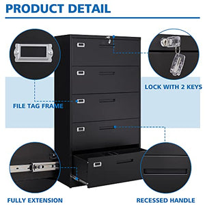 BYNSOE 5 Drawers Lateral File Cabinet with Lock - Steel Filing Storage Cabinet for Office/Home - A4 Legal/Letter Size - Assembly Required