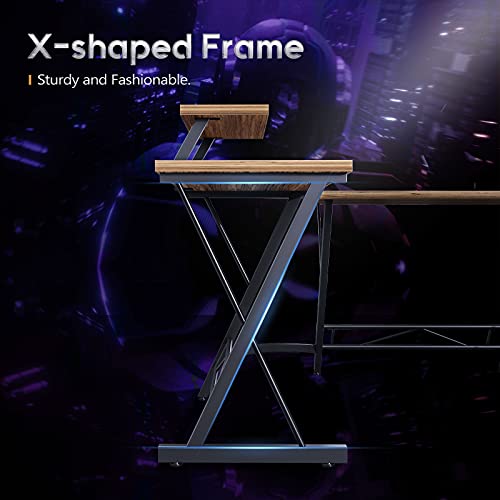 L Shaped Gaming Desk, 51" Home Office Desk with Round Corner Computer Desk with Large Monitor Stand Desk Workstation,Sandalwood