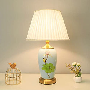 TAMYUSE Glazed Ceramic Table Lamp with Drum Shade - Modern Hand Painted Nightstand Lamp for Living Room, Bedroom, Office