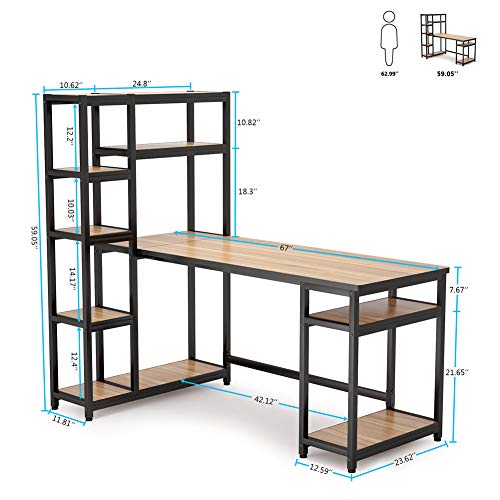Tribesigns Reversible Computer Office Desk with 9-Tier Storage Shelves, 67 inch Large PC Laptop Study Writing Table Workstation with Hutch Bookshelf and CPU Stand for Home Office (Oak)