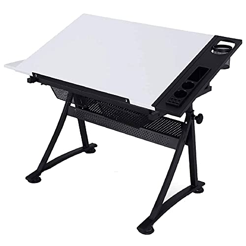VejiA Drafting Table with Storage, Height Adjustable & Tiltable Art Desk, PVC Panel Drawing Desk