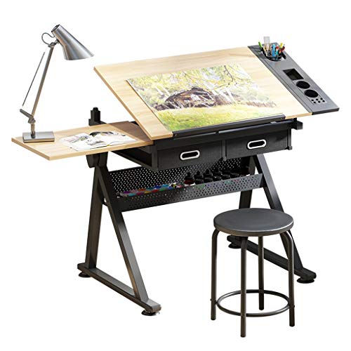 Lgan Height Adjustable Drawing Desk, Tiltable Craft Table with Storage, Maple Panel Art Desk, for Home Office Drafting Table