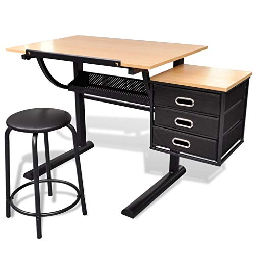Height Adjustable Drafting Table Desk Drawing Table Desk Tiltable Tabletop, Stool and 3 Storage Drawers for Reading, Writing,Studying Art Craft Work Station