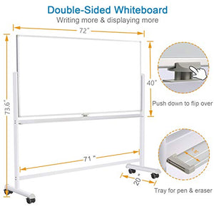 Mobile Whiteboard with Stand - 72x40 Double Sided Dry Erase Board with Stand, Large White Board on Wheels for Office, Rolling Magnetic Whiteboard with Pen Tray for Meeting, Training by CALENBO