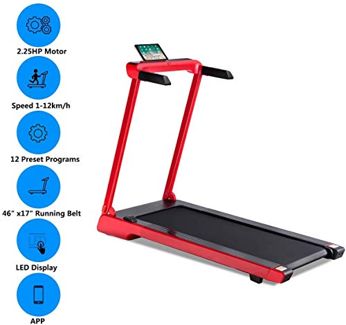 Goplus 2.25 HP Folding Treadmill Electric Cardio Fitness Jogging Running Machine Portable Motorized Power Slim Treadmill with Sports App and LED Display (Red)