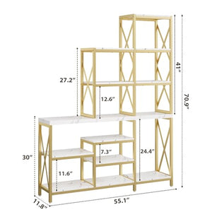 HolliWill Gold Book Shelves Set of 2 - 70'' H Etagere Bookcase with Metal Frame, 110'' W Modern White Wood Shelf