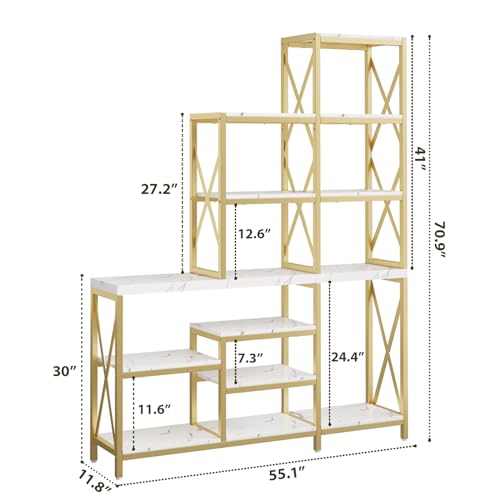 HolliWill Gold Book Shelves Set of 2 - 70'' H Etagere Bookcase with Metal Frame, 110'' W Modern White Wood Shelf
