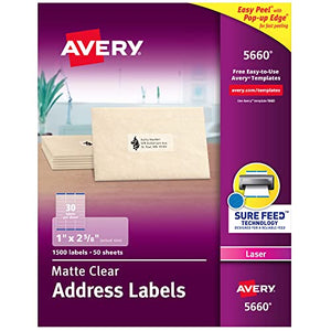 Avery Clear Easy Peel Address Labels for Laser Printers, 1" x 2-5/8", Box of 1,500, Case Pack of 5 (5660)