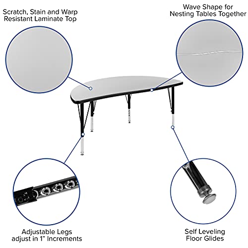 Flash Furniture 47.5" Half Circle Wave Collaborative Grey Thermal Laminate Activity Table - Height Adjustable Short Legs