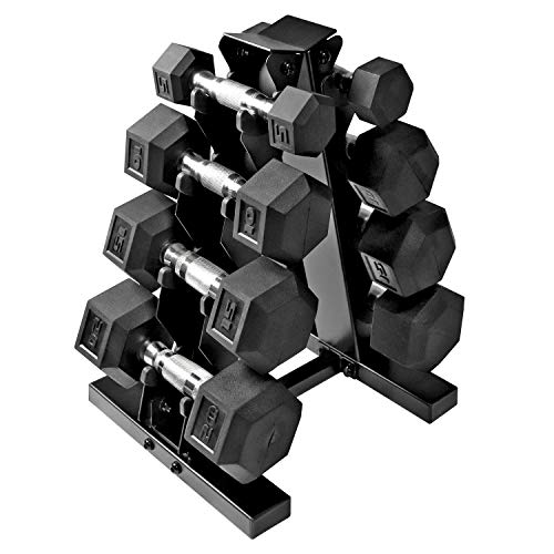 CAP Barbell Rubber Coated Hex Dumbbell Set Non-Slip Hex Shape for Muscle Toning, Strength Building, Weight Loss - Multiple Choices Available (c. 5-20Lb Dumbbell Set with A Frame Rack)