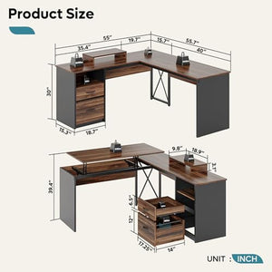 Bestier L Shaped Desk with File Drawer and Reversible Storage Drawers, Walnut, 55'' x 55''