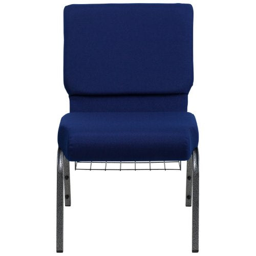 Flash Furniture 4 Pack HERCULES Series Church Chair Navy Blue Fabric Cup Book Rack Silver Vein Frame