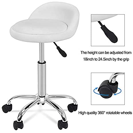 UsmAsk PU Leather Round Rolling Stool with Back Rest Height Adjustable Swivel Drafting Chair (Full Moon)