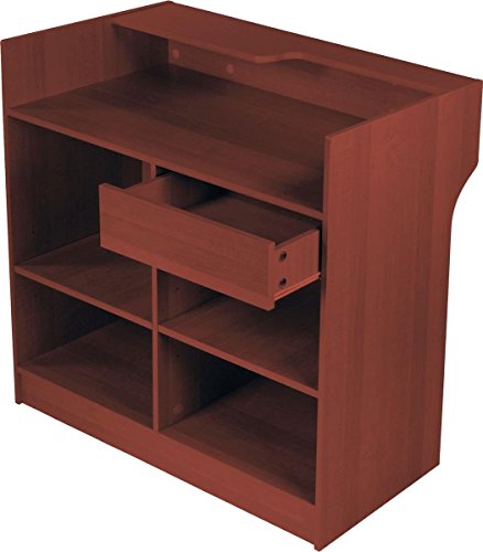 48"W Free-Standing Cherry Melamine Register Stand, With Adjustable Shelves, Pull-Out Drawer, And Check Writing Area