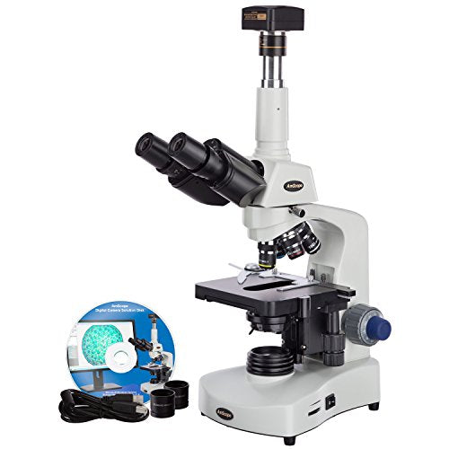 AmScope T340B-LED-9M Digital Siedentopf Trinocular Compound Microscope, 40X-2000X Magnification, Brightfield, WF10x and WF20x Eyepieces, LED Illumination, Abbe Condenser, Double-Layer Mechanical Stage, Includes 9MP Camera with Reduction Lens and Software
