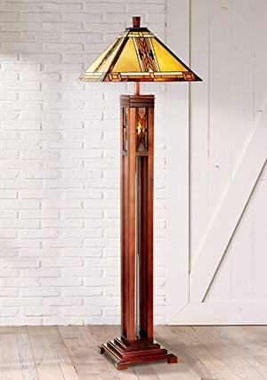 Mission Floor Lamp with Nightlight Walnut Wood Column Stained Glass Shade for Living Room Reading Bedroom - Robert Louis Tiffany
