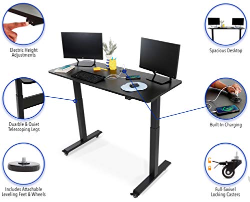 Stand Steady Tranzendesk Power | 55 Inch Electric Standing Desk with Built-In Charging | Height Adjustable Sit to Stand Desk | Electronic Standing Workstation with 1 AC Outlet & 2 USB Ports (55/Black)