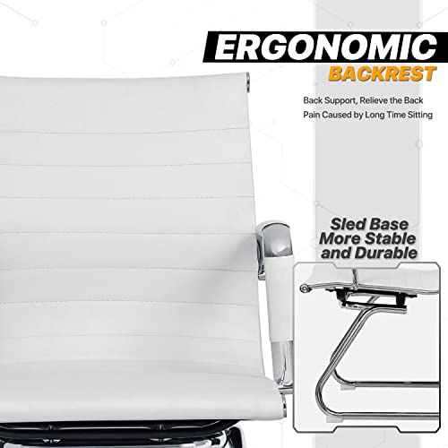 MoNiBloom PU Leather Office Guest Chair, Mid Back, Sled Base, Armrest, White, 2 Piece