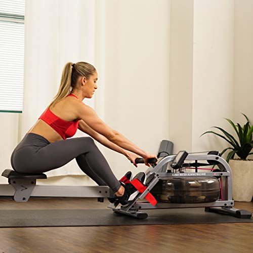 Sunny Health & Fitness Water Rowing Machine Rower w/ LCD Monitor, 265 Max Weight, Adjustable Footpads and Foldable 48" Aluminum Slide Rail - SF-RW5866, Gray
