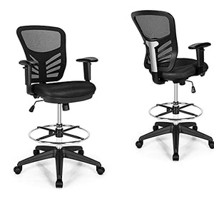 Giantex Drafting Chair with Footrest Ring & Adjustable Armrest - Ergonomic Mesh Office Chair (Black, 2 Pack)