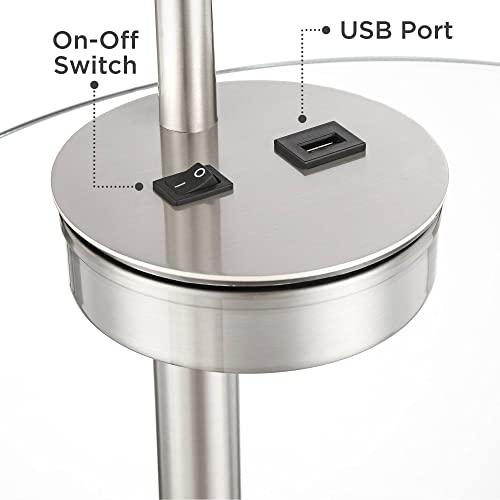 Possini Euro Design Modern Floor Lamp with Table 60" Tall Brushed Nickel White Linen Silver Organza Double Drum Shade - USB Charging Port