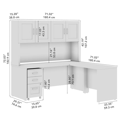 Bush Business Furniture Hampton Heights L-Shaped Desk with Hutch and 3 Drawer Mobile File Cabinet | White, 72W x 30D