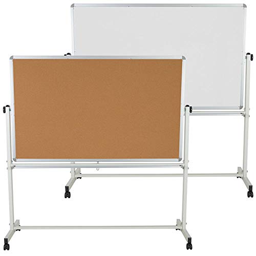 Offex 20" L x 64.25" W x 64.75" H Reversible Mobile Cork Bulletin Board and White Board with Pen Tray