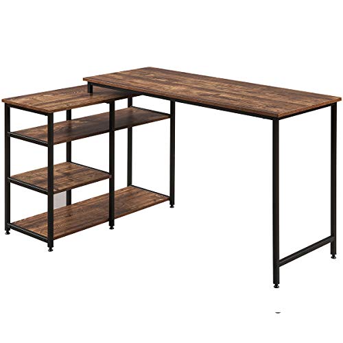VeryKe Home Office Computer Desk L-Shaped Writing Desk Vintage Brown Industrial Style Corner Desk with Open Shelves, Left or Right Set Up, 47" L, Brown