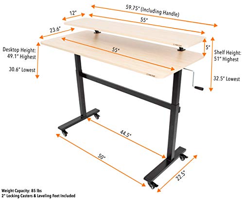Stand Steady Tranzendesk | 55 Inch Standing Desk with Clamp On Shelf & Detachable Wheels | Crank Height Adjustable Sit to Stand Workstation | Monitor Riser Supports 3 Screens (55 in / Maple)