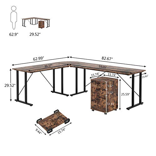 Tribesigns 83 Inch Industrial L-Shaped Desk with File Cabinet Letter Size, Large L Shapes Computer Desk Reversible Study Table Workstation for Home Office with Storage Drawers, Rustic Brown