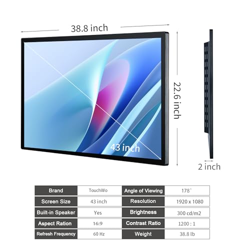 TouchWo 43 inch Interactive Touchscreen Monitor - Smart Board with 1080P Display, Android 11, RAM 4G & ROM 32G