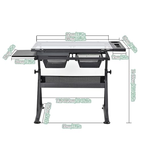TemkIN Height Adjustable Glass Topped Drafting Table with Drafting Stool