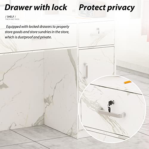 AGOTENI Reception Desk with Open Shelf & Drawers, Lockable Drawer, Marble White