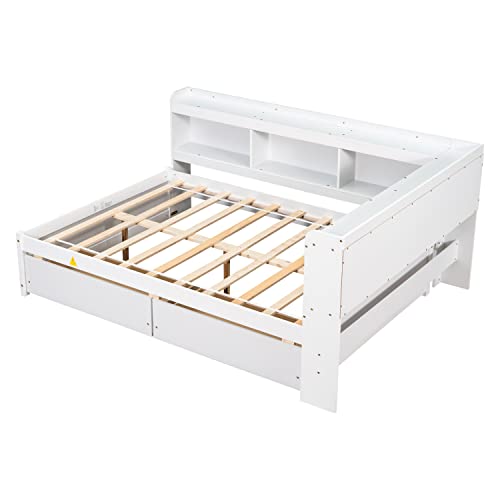 HomSof Full-L White Bed with L-Shaped Bookcases and Drawers