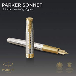 PARKER Sonnet Fountain Pen | Premium Silver Mistral Finish with Gold Trim | Fine 18k Gold Nib with Black Ink Cartridge | Gift Box
