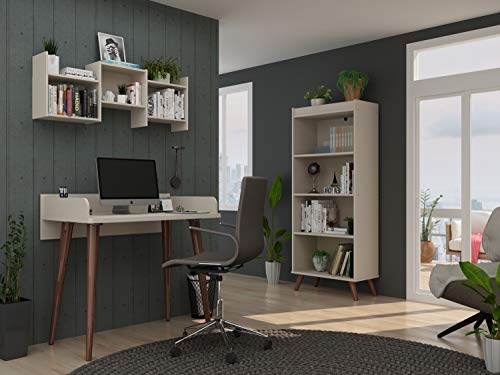 Manhattan Comfort Hampton Modern Home Basic Furniture Office Set with Writing Desk, Bookcase, and Floating Wall Décor Shelves, 3 Piece, Off White