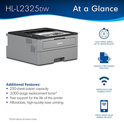 Brother Premium L-2325DW Series Compact Monochrome Laser Printer I Wireless I Mobile Printing I Auto 2-Sided Printing I Print Up to 26 Pages/min I 250-sheet/tray I 1-line LCD Display + Printer Cable