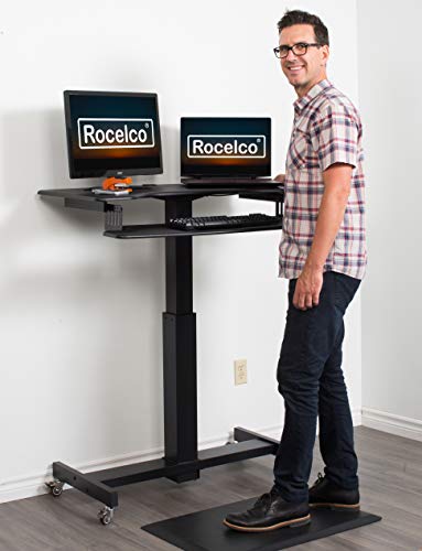 Rocelco 40" Height Adjustable Mobile Standing Desk - Sit Stand Home Office School Computer Workstation Riser - Dual Monitor Keyboard Tray Gas Spring Assist - Black (R MSD-40)