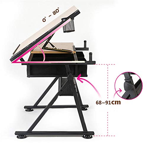 XIONGGG Height Adjustable Drafting Desk Tiltable Tabletop Drawing Table, with 2 Storage Drawers Art Writing Reading Workstation,Natural