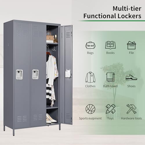 Yukimo Metal Locker Cabinet with 3 Doors Combination, Storage Locker Cabinet with Lock (Dark Grey)
